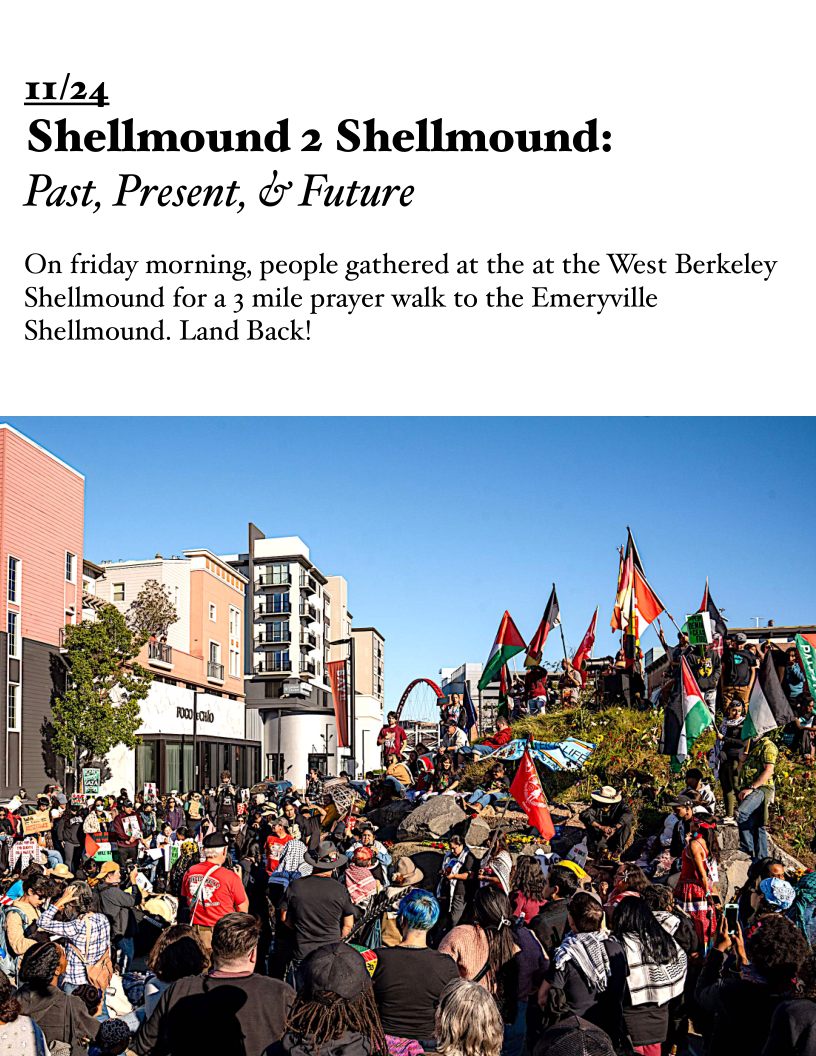 11/24
Shellmound 2 Shellmound:

Past, Present, & Future

On friday morning, people gathered at the at the West Berkeley
Shellmound for a 3 mile prayer walk to the Emeryville
Shellmound. Land Back!

 
